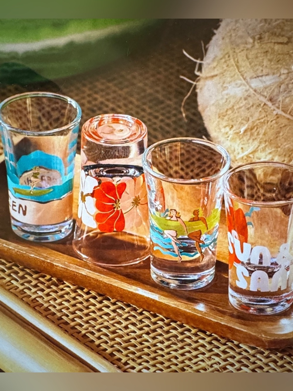 Anthropologie Surfs Up
Tropical Hibiscus Shot Glass Set Bright Beach Motifs